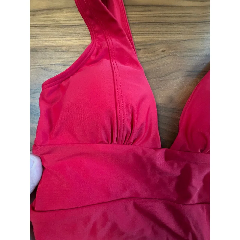 New Quince Italian Plunge One-Piece Swimsuit Red V Neck Thick Straps